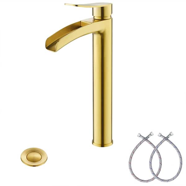Phiestina Waterfall 1 Hole Single Handle Tall Bathroom Vessel Faucet in Brushed Gold
