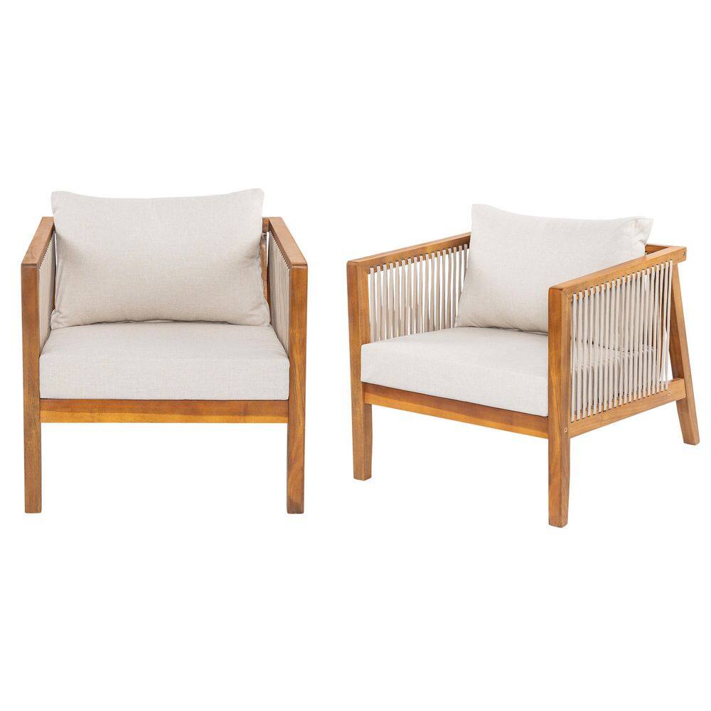 Goffney Teak Finish Rope Weave and Solid Wood Patio Outdoor Lounge Chair with Beige Cushions, Set of 2 price history on PriceWatchPro