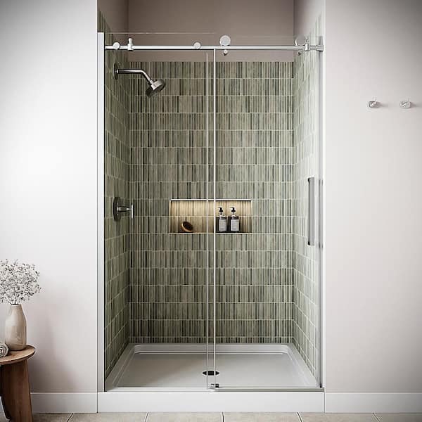 Tiber 48'' x 76'' Semi-Frameless Sliding Shower Door with CrystalTech Treated 5/16'' Glass, Polished Chrome Hardware