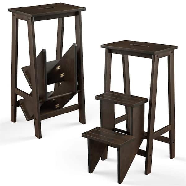 Costway Brown 3-Tier Folding Step Stool 3-in-1-Rubber Wood Ladder Storage Shelf