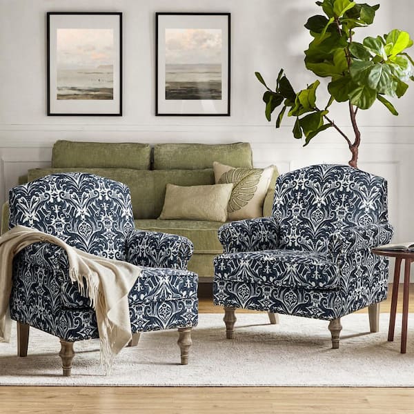 JAYDEN CREATION Romain Farmhouse Navy Polyester Spindle Hardwood Armchair with Solid Wood Legs and Rolled Arms Set of 2