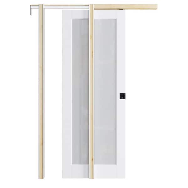 28 in. x 80 in. 1-Lite Glass White Primed MDF Pocket Door with Pocket Hardware Kit (Soft Close and Black Lock Included)
