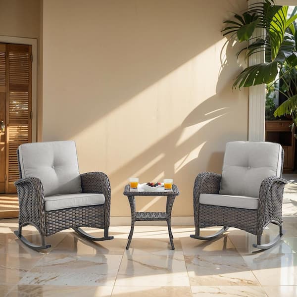 PlainCurve 3-Piece Brown Wicker Outdoor Rocking Chairs Patio Conversation Set with Olefin Beige Cushions