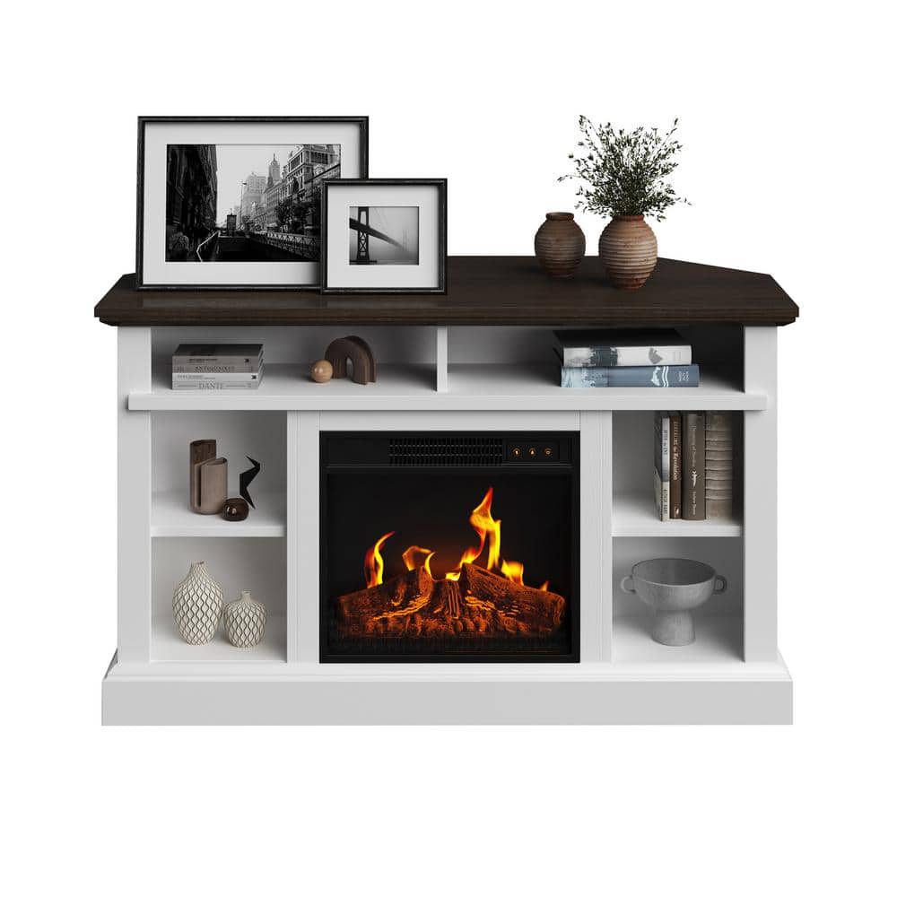 White Corner TV Stand with Electric Fireplace and Storage Cabinet