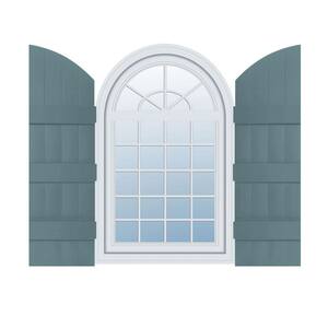 14 in. W x 94 in. H Vinyl Exterior Arch Top Joined Board and Batten Shutters Pair in Wedgewood Blue