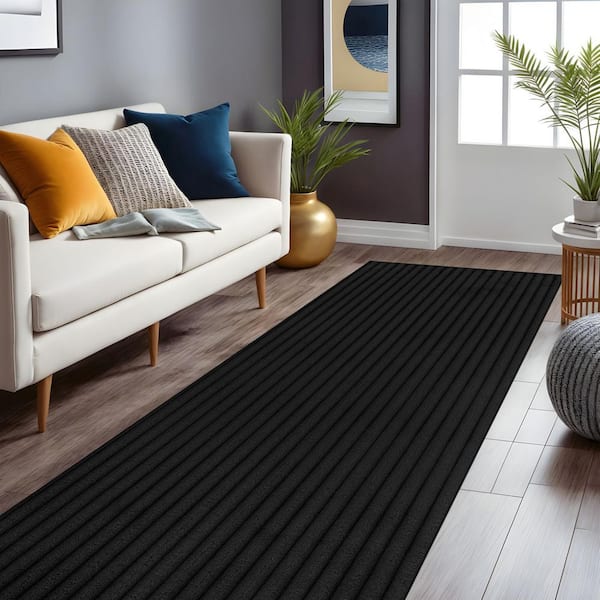 UltraPlush Touch 2 ft. x 7 ft. Black Non-Slip Rubber Back Washable Polyester Stripes Indoor Area Rug