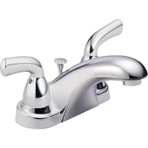 Foundations 4 in. Centerset 2-Handle Low-Arc Bathroom Faucet with Metal Drain Assembly in Chrome