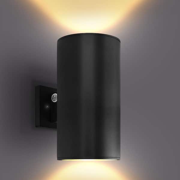 LUXRITE 12 in. Black Dusk to Dawn LED Outdoor Hardwired Cylinder Wall Sconce 3CCT 3000K-5000K, 20/30/40W Dimmable IP65 ETL