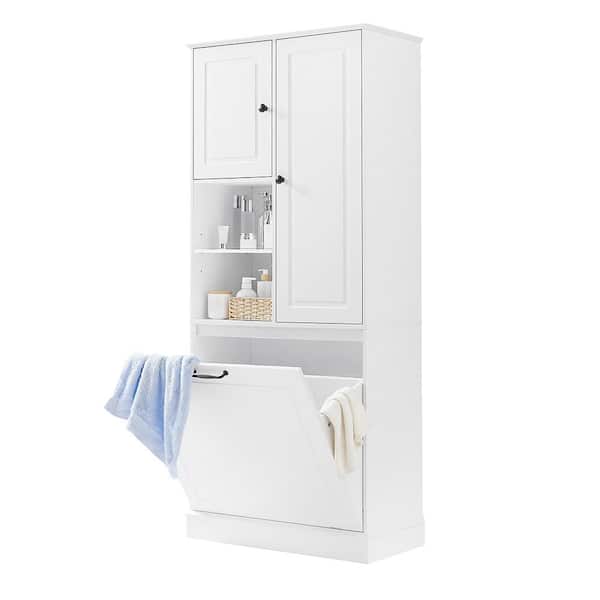 Tall Storage Cabinet with Adjustable Shelves, Large Flip-Out Basket and Enclosed Cabinets, MDF Material with Handles