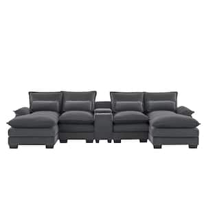 123 x 55 in. Pillow Top Arm Velvet U-Shaped 6-seat Sofa with Console Cupholders USB Ports in. Gray