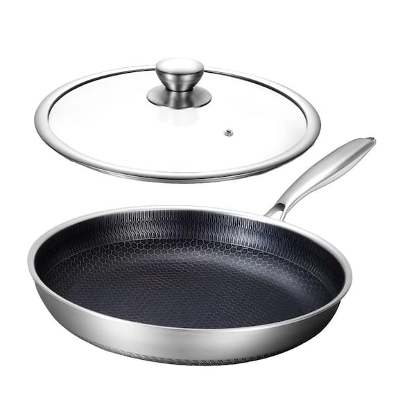 Hybrid 12 Inch Stainless Steel Nonstick Frying Pan with Lid Silver Non-Toxic Honeycomb Induction Compatible
