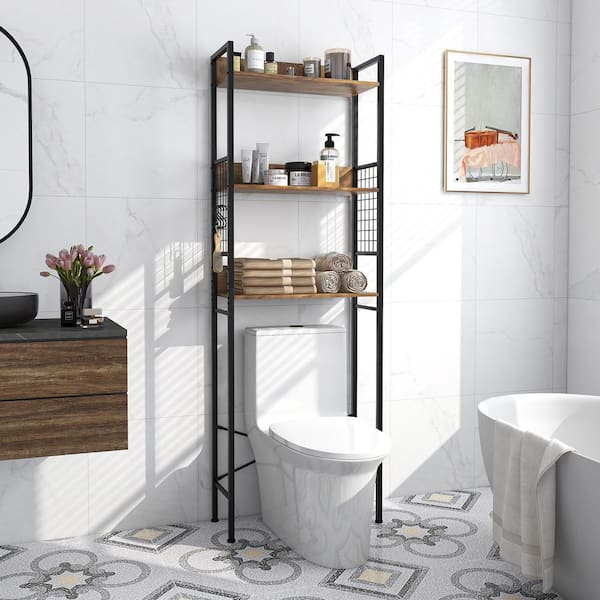 23.5 in. W x 68 in. H x 9.5 in. D Rustic Brown Metal 3-Tier Over-the-Toilet Storage Rack with 3 Hooks