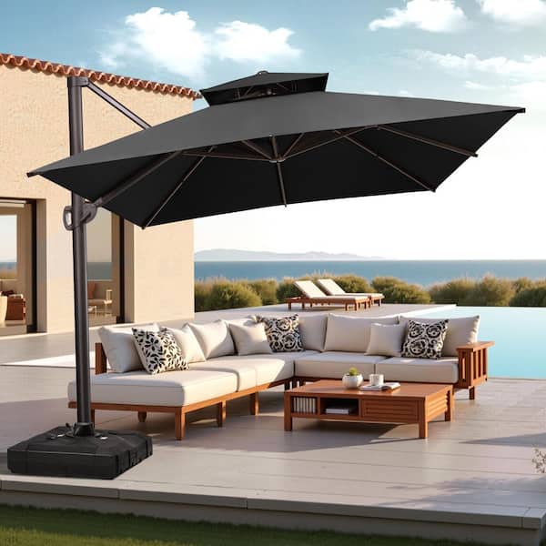 2-Tier Top 10 ft. x 13 ft. Large Outdoor Cantilever Offset 360° Rotation Patio Umbrella in Black with 350 lbs. Base