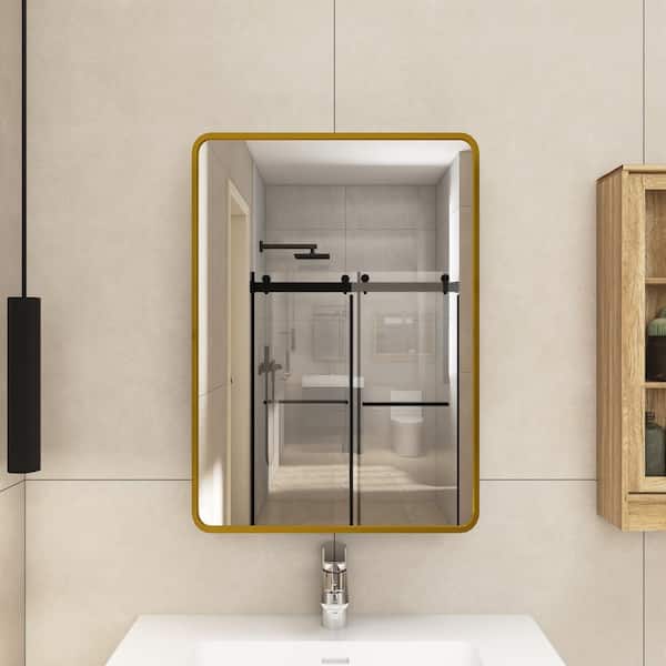 Staykiwi 20 in. W x 28 in. H Rectangular Framed Horizontal or Vertical Hanging Wall Bathroom Vanity Mirror in Gold
