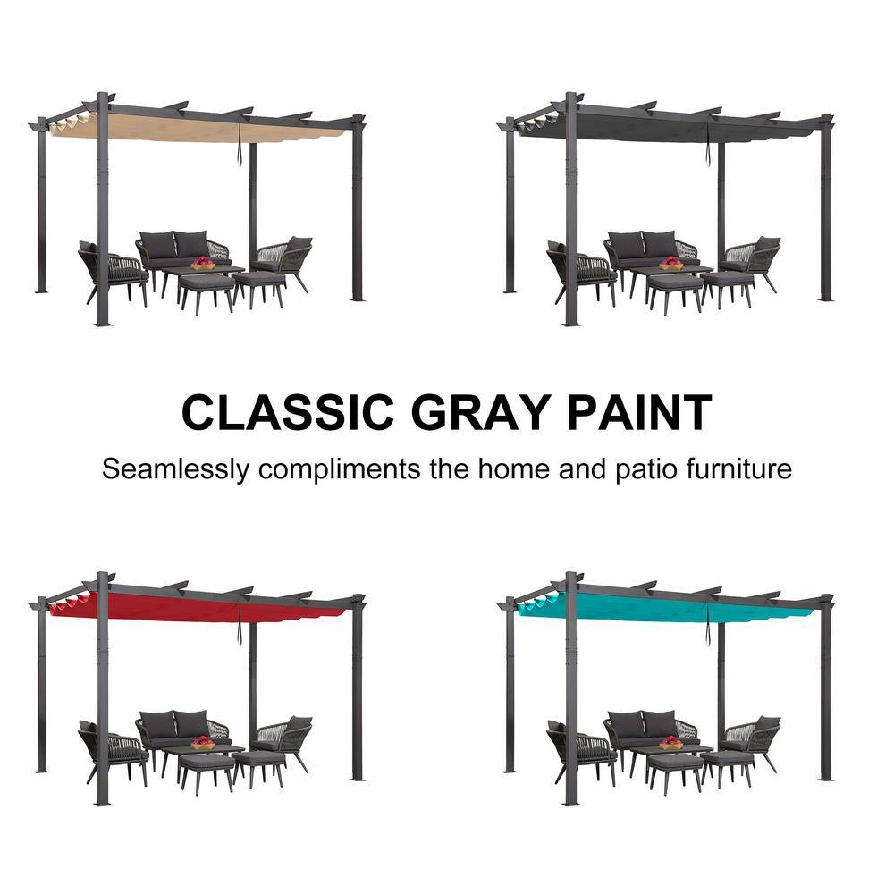 Gray Aluminum Outdoor Pergola with Retractable Canopy, 11' x 13'