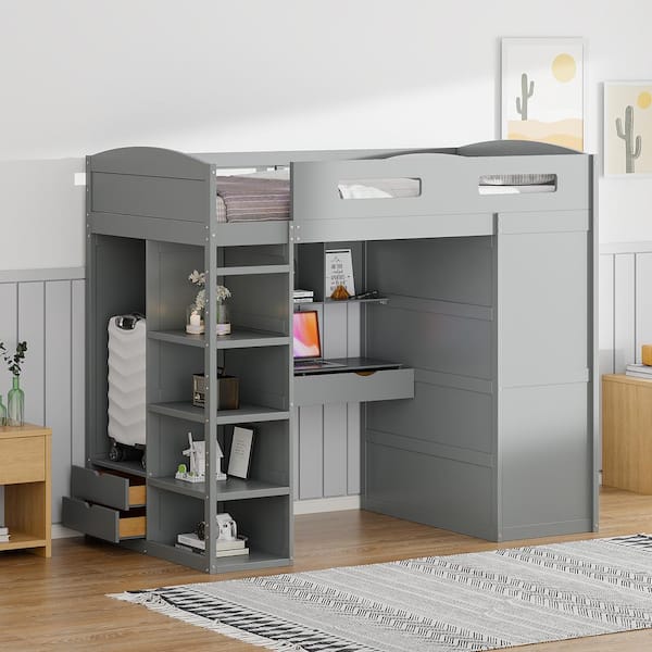 Nestfair Gray Twin Size Loft Bed with Wardrobes, Desk, 4 Drawers and 4 Shelves