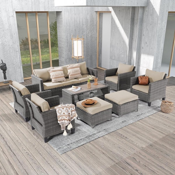 JOYESERY 8-Piece Gray Wicker Outdoor Seating Sofa Set with Ottomans and Coffee Table, Thickening Linen Flax Beige Cushions