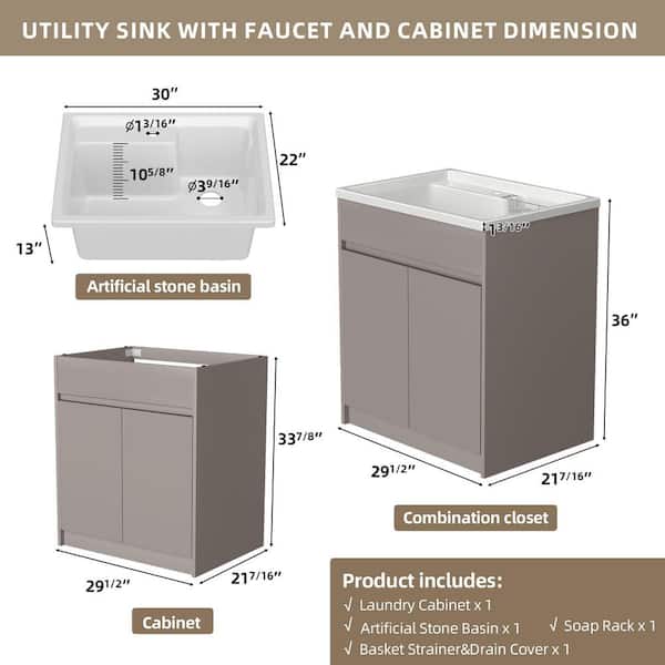 All-in-One 30 in. W x 22 in. D Taupe Freestanding Laundry Sink with Cabinet and White Solid Surface Drop-In Utility Sink