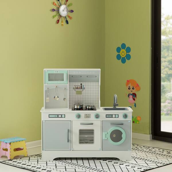 Gardenised Wooden Play Kitchen Toy, Light on Microwave, Cabinet