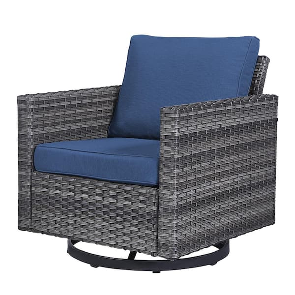 Pocassy Outdoor Swivel Gray Wicker Outdoor Rocking Chair with CushionGuard Blue Cushions Patio