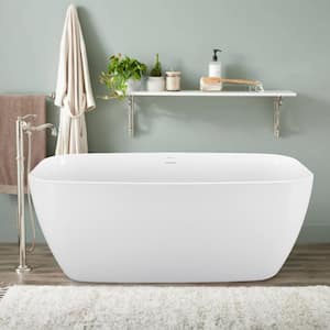 59 in.Acrylic Flatbottom Freestanding Bathtub Contemporary Soaking Tub in White Overflow and Pop-up Drain