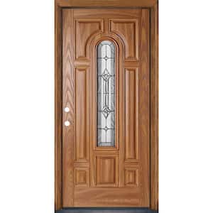 36 in. x 80 in. Providence Pecan Right Hand Inswing Center Arch Stained Fiberglass Prehung Front Door with Brickmold