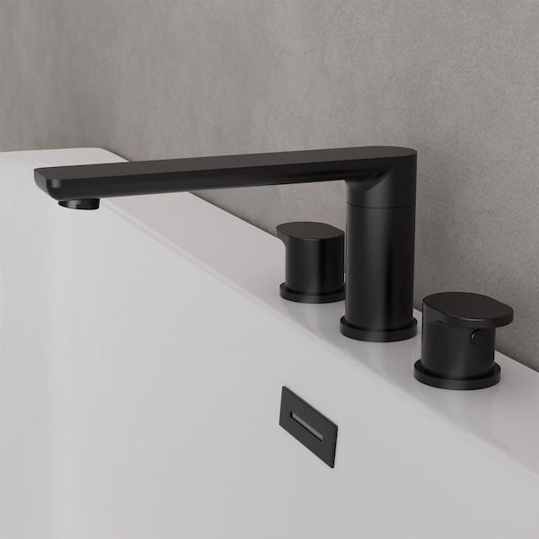 Double Handle Deck Mount Roman Tub Faucet with 360° Swivel Spout in Matte Black