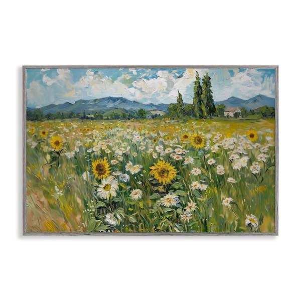 Stupell Industries Sunflower and Daisy Meadow by Arlington Prints Gray Framed Nature Giclee Art Print 12 in. x 18 in.