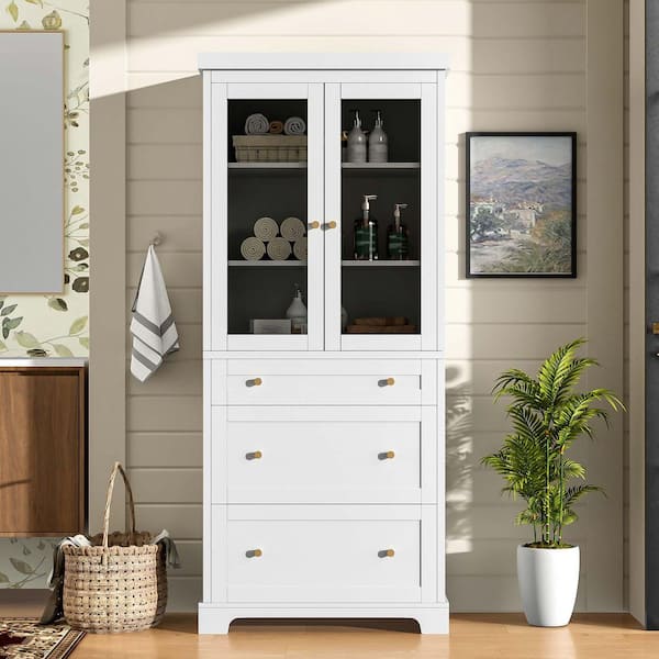 Bezeit 30.1 in. W x 15.7 in. D x 70.1 in. H White Freestanding Linen Cabinet with 3-Drawer and 2-Soft-Close Glass Doors