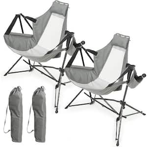 Set of 2 Gray Metal Folding Lawn Chair, Camping Chair with Cup Holder and Carry Bag