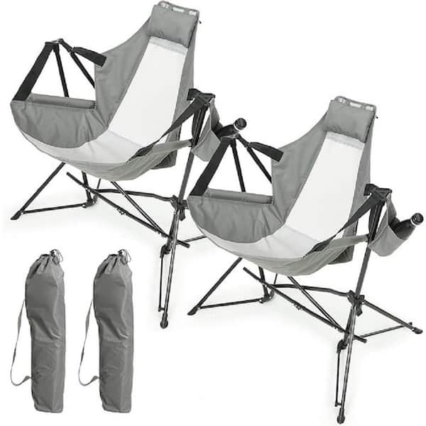 Sudzendf Set of 2 Gray Metal Folding Lawn Chair, Camping Chair with Cup Holder and Carry Bag