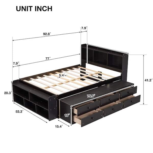 Captain's Bed Black Wood Frame Full Platform Bed with Storage, Bookcase Headboard, 6 Drawers & Footboard Shelves