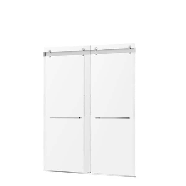 56 to 60 in. W x 66 in. H Frameless Double Sliding Tub Door in Brushed Nickel with Tempered 3/8 in. Clear Glass