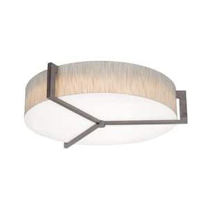 27.15 in. 3-Light Weathered Grey, Jute, White Transitional Flush Mount with Shade