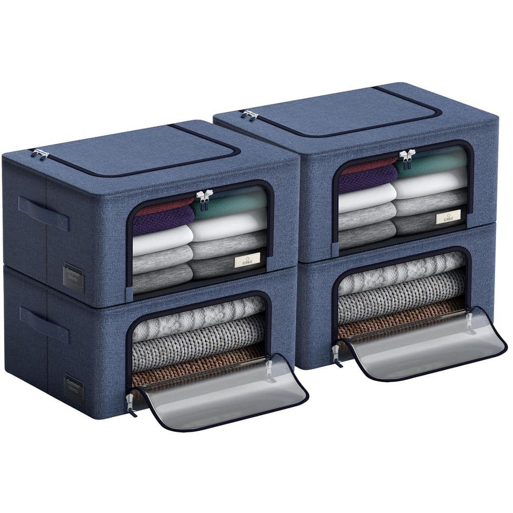 Storage Bins, Organizers with Metal Frame, Handles, and Window, Blue 15.75 