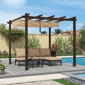 10 ft. x 12 ft. Beige Metal Outdoor Retractable Pergola with Shade Canopy Cover for Beach Deck Gazebo