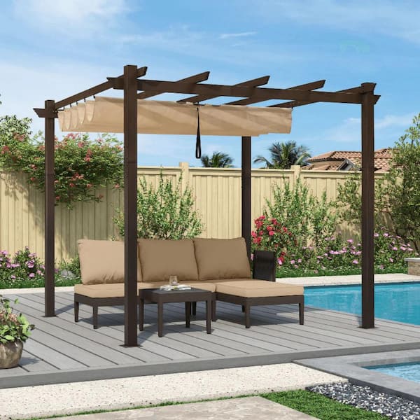 PURPLE LEAF 10 ft. x 12 ft. Beige Metal Outdoor Retractable Pergola with Shade Canopy Cover for Beach Deck Gazebo