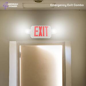 LED Bi-Color Emergency Exit Sign Combo with 2 LED Lamps, 90 Min Backup, Damp Rated, UL Listed, 120-277VAC, White