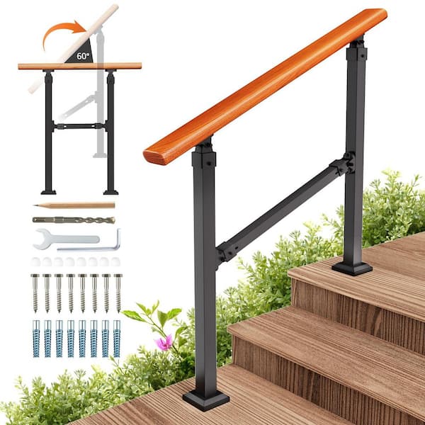 Outdoor Steel Metal Hand Rails for Porch, Wooden Stairs Railing Fit 1 to 3 Steps with Installation Kit, Black