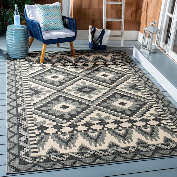 Veranda Gray/Beige 9 ft. x 12 ft. Border Indoor/Outdoor Patio  Area Rug