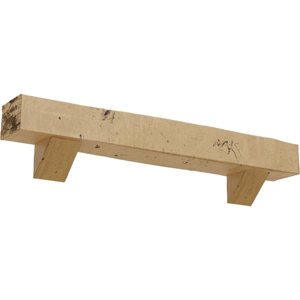Ekena Millwork 4 in. x 4 in. x 4 ft. Knotty Pine Faux Wood Fireplace Mantel Kit, Breckinridge Corbels, Natural Pine