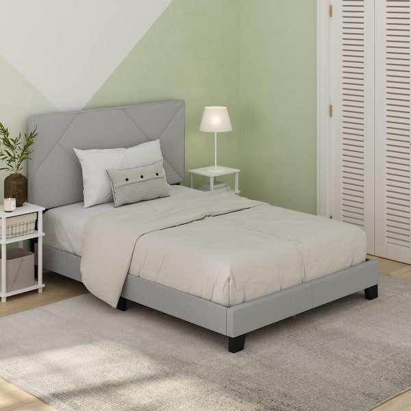 Furinno Skylar Gray Wood/Polyester Frame Full Platform Bed with Geometric Design