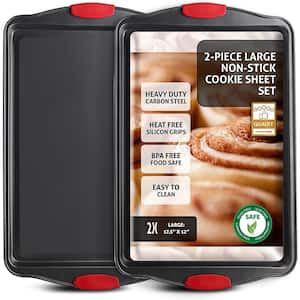 2-Piece Black Steel Nonstick Large Baking Cookie Sheet Set w/Silicone Handles