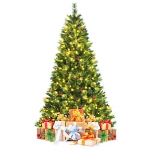 7 ft. Pre-Lit Artificial Christmas Tree Hinged Xmas Tree with Warm LED Lights