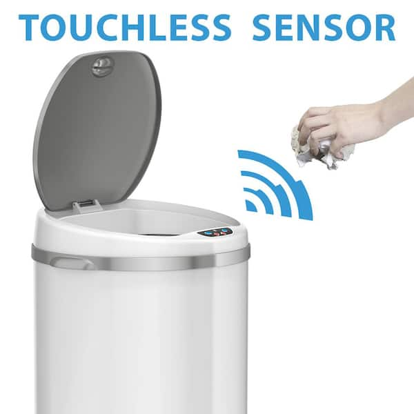 iTouchless - 13 Gallon Touchless Sensor Trash Can with AbsorbX Odor Control System, White Stainless Steel Round Shape Kitchen Bin - Pearl White