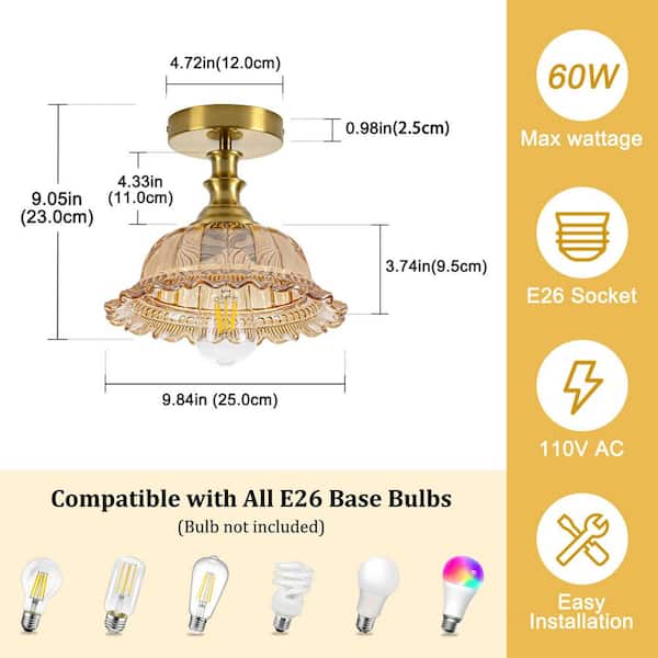 Merbotin BeamHaven 9.84 in. Brushed Vintage Amber Dome Semi-Flush