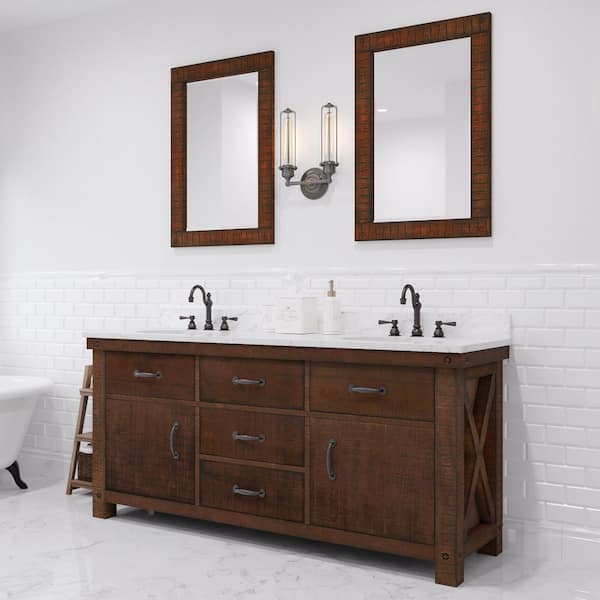 Aberdeen 72 in. W x 22 in. D Vanity in Rustic Sienna with Marble Vanity Top in White with White Basin, Faucet and Mirror