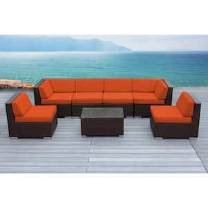 Ohana Dark Brown 7-Piece Wicker Patio Seating Set with Supercyclic Orange Cushions