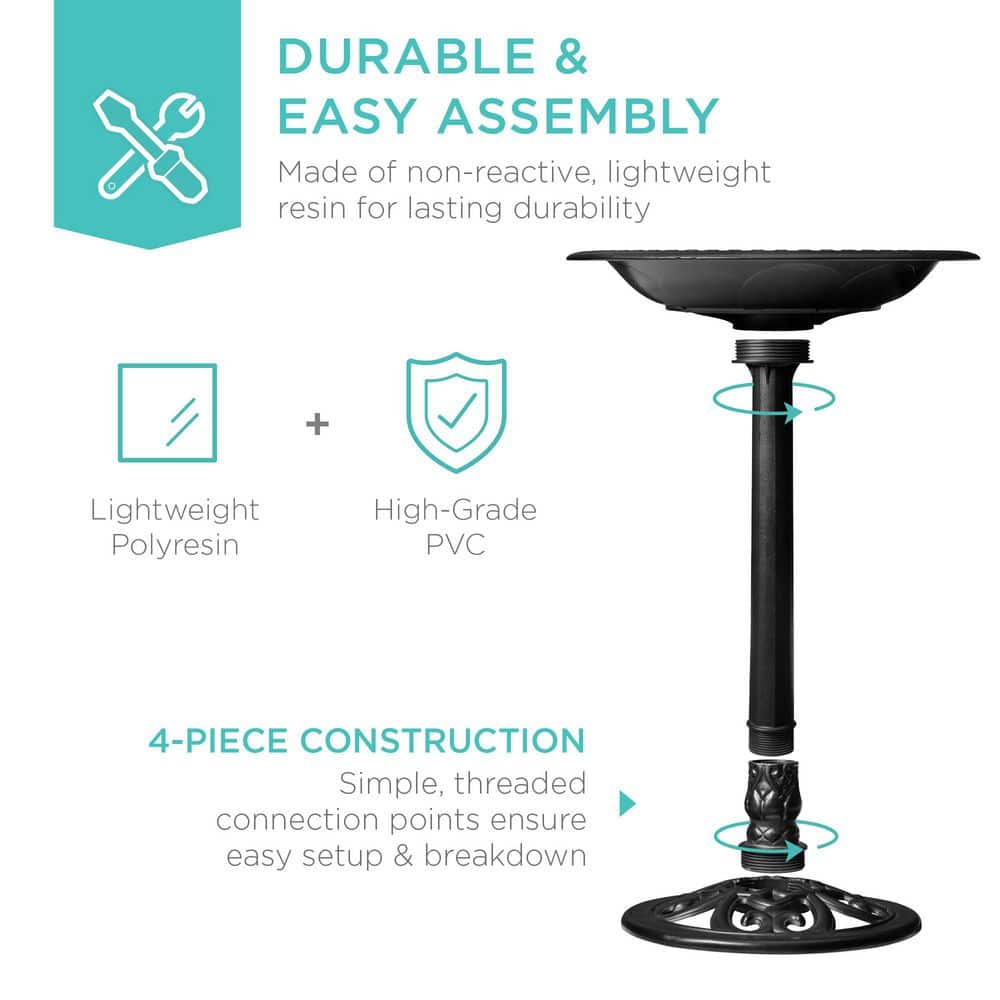 Black Polyresin Outdoor Pedestal Bird Bath with Fleur-de-Lis Accents