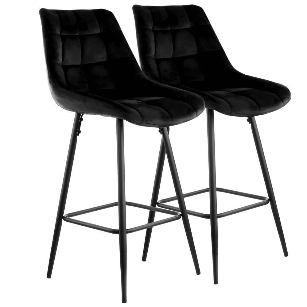 Elama 2 Piece Velvet Tufted Bar Chair in Black with Metal Legs